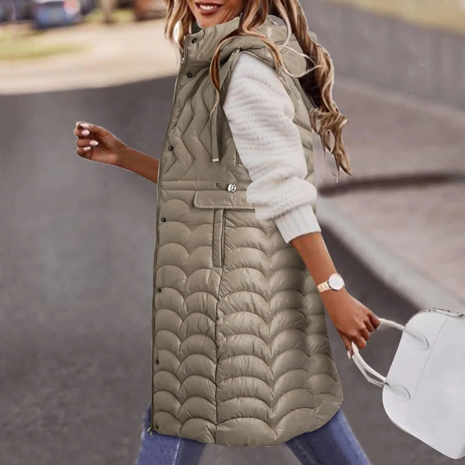 Long Vest for Women with Hooded Padded Oversized Zip Up Quilted Winter Thick Warm Windproof Plus Size Down Jackets