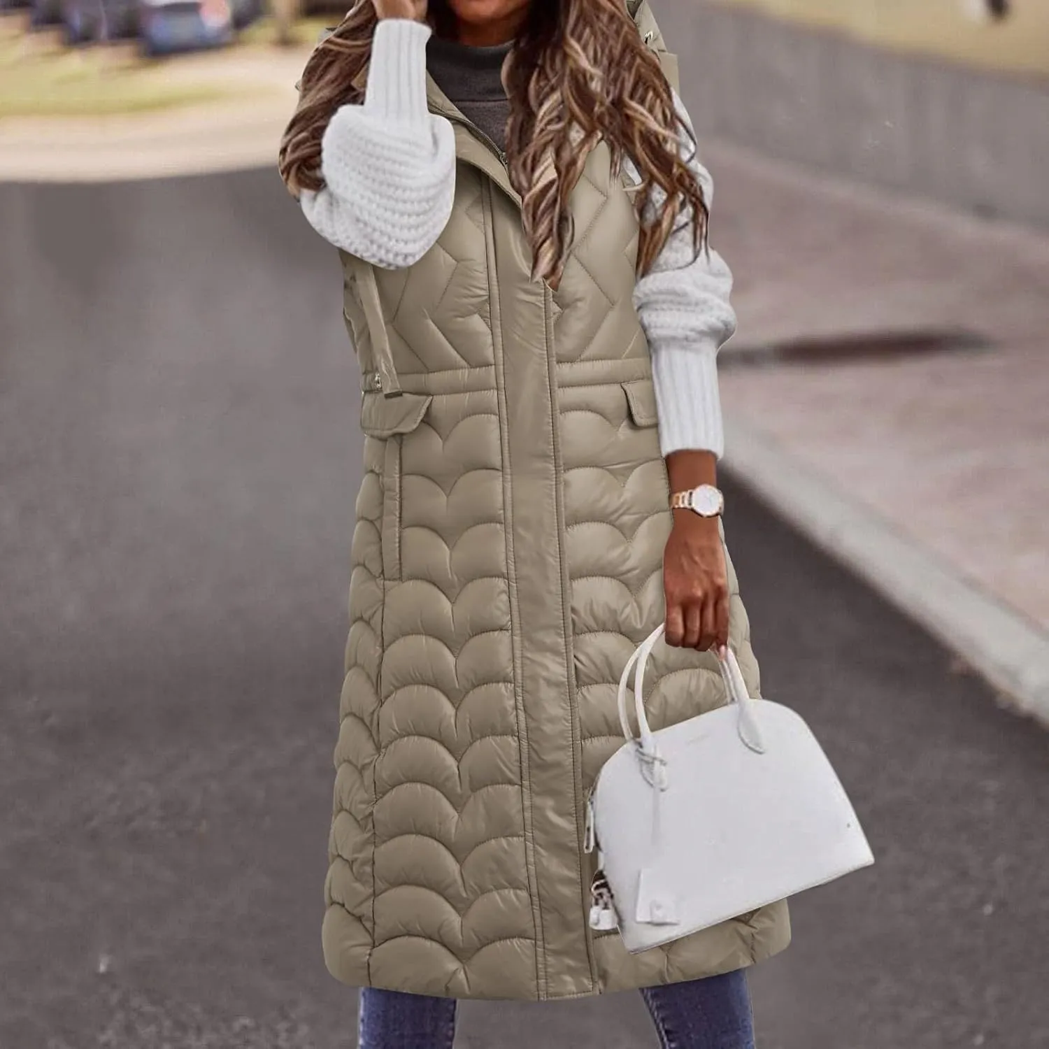 Long Vest for Women with Hooded Padded Oversized Zip Up Quilted Winter Thick Warm Windproof Plus Size Down Jackets