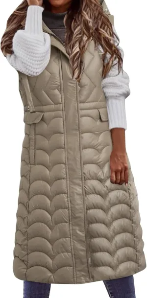 Long Vest for Women with Hooded Padded Oversized Zip Up Quilted Winter Thick Warm Windproof Plus Size Down Jackets