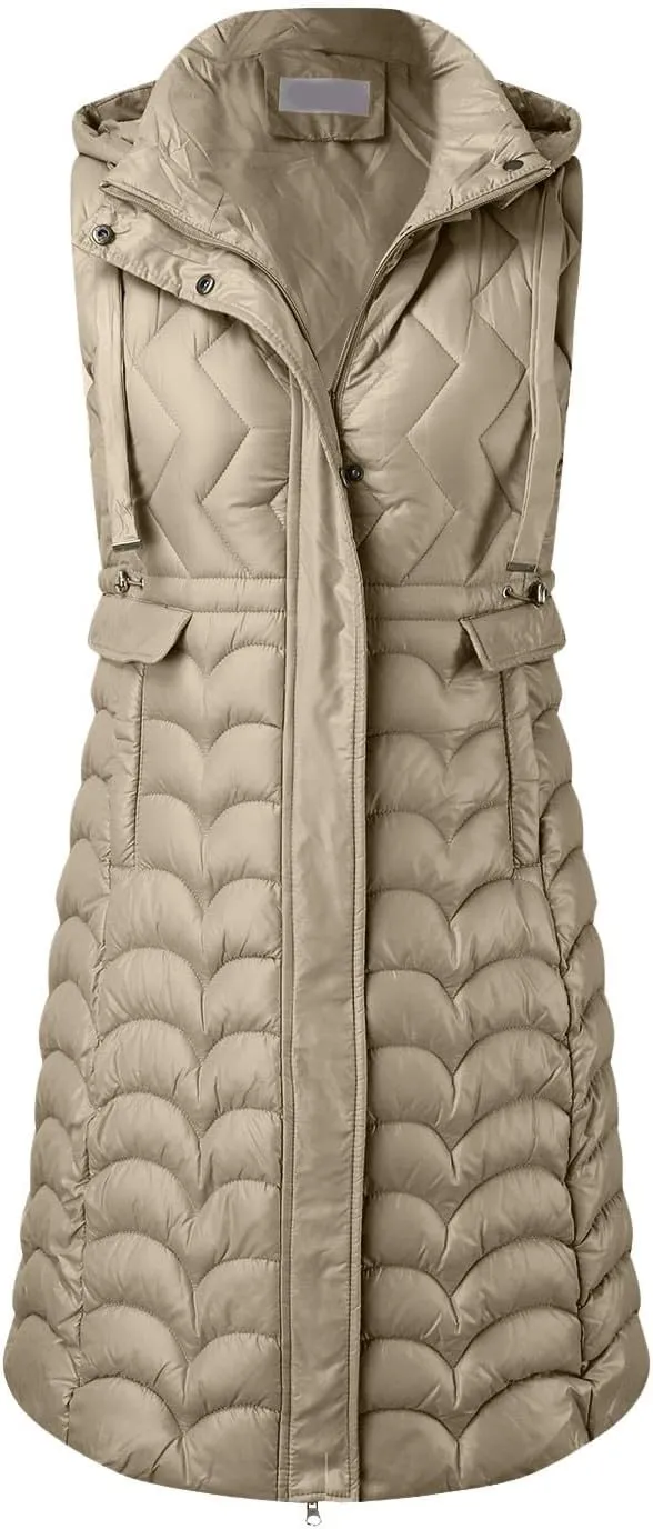 Long Vest for Women with Hooded Padded Oversized Zip Up Quilted Winter Thick Warm Windproof Plus Size Down Jackets