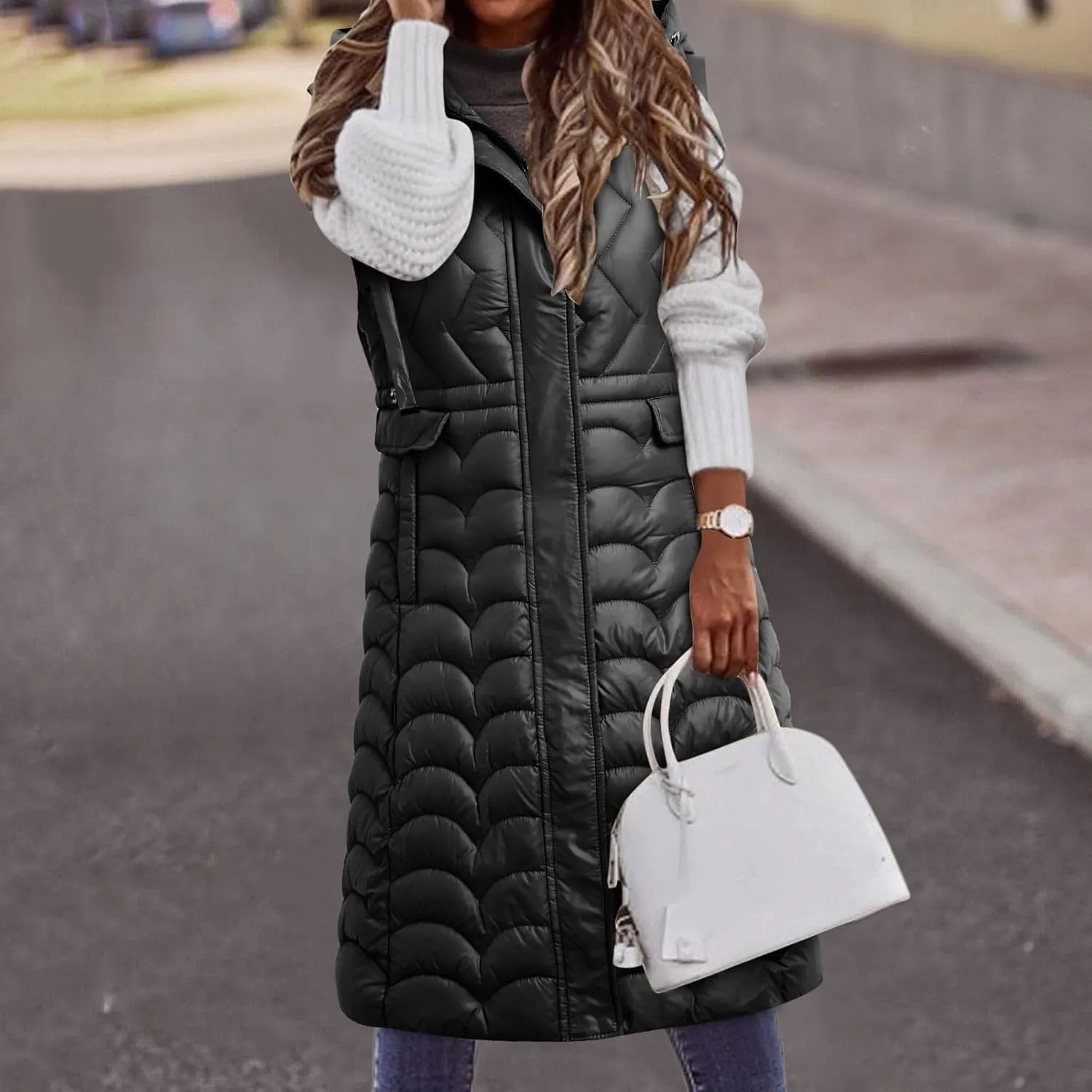 Long Vest for Women with Hooded Padded Oversized Zip Up Quilted Winter Thick Warm Windproof Plus Size Down Jackets