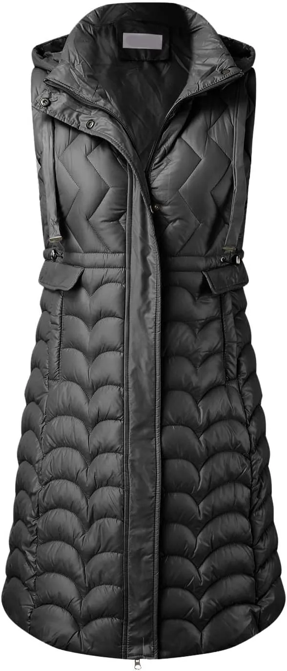 Long Vest for Women with Hooded Padded Oversized Zip Up Quilted Winter Thick Warm Windproof Plus Size Down Jackets