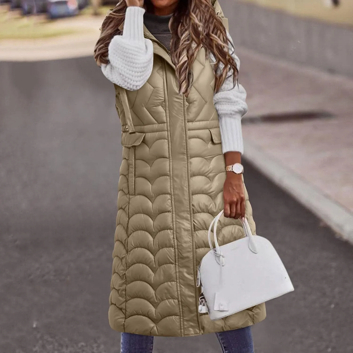 Long Vest for Women with Hooded Padded Oversized Zip Up Quilted Winter Thick Warm Windproof Plus Size Down Jackets