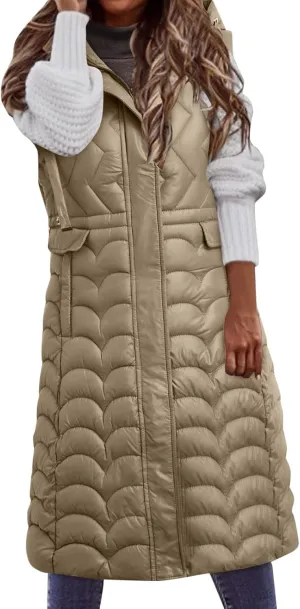 Long Vest for Women with Hooded Padded Oversized Zip Up Quilted Winter Thick Warm Windproof Plus Size Down Jackets