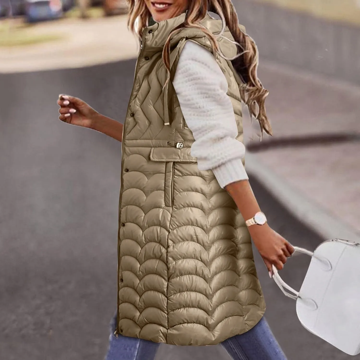 Long Vest for Women with Hooded Padded Oversized Zip Up Quilted Winter Thick Warm Windproof Plus Size Down Jackets