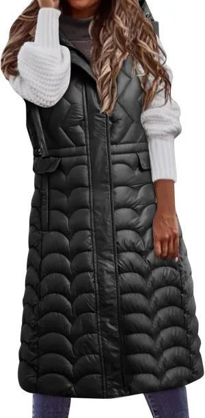 Long Vest for Women with Hooded Padded Oversized Zip Up Quilted Winter Thick Warm Windproof Plus Size Down Jackets