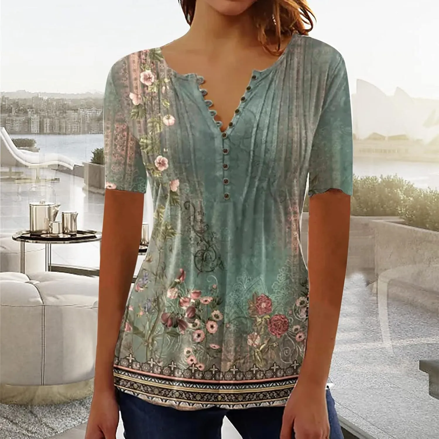 LRMQS Short Sleeve Summer Tops for Women 2024 Vacation Trendy Loose Fit Boho V Neck Tunic Blouse Casual Floral Shirt Clothing