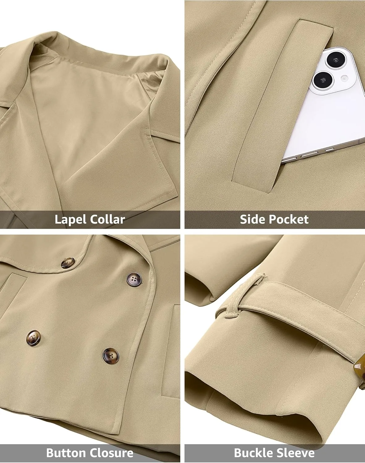 luvamia Cropped Trench Coat for Women Long Sleeve Double Breasted Notched Lapel Casual Loose Fit Jackets with Pockets