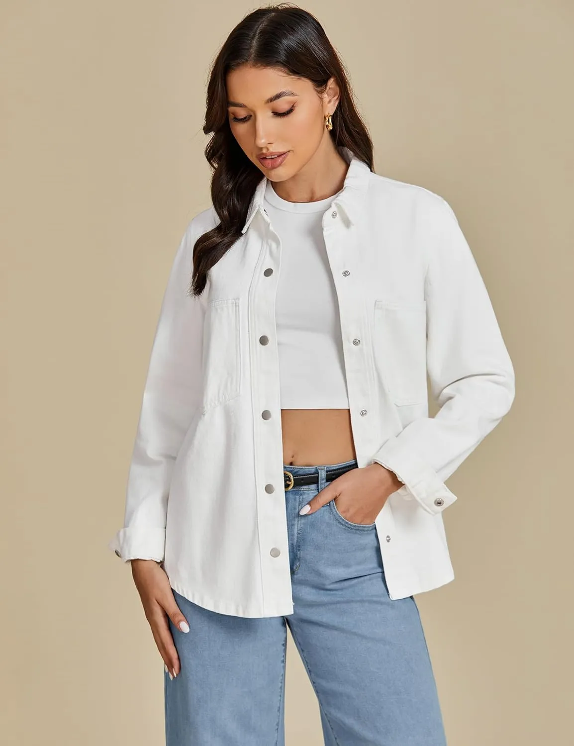 luvamia Denim Jackets for Women Trendy Long Sleeve Jean Jacket Casual Button Down Western Flat Pocket Shacket