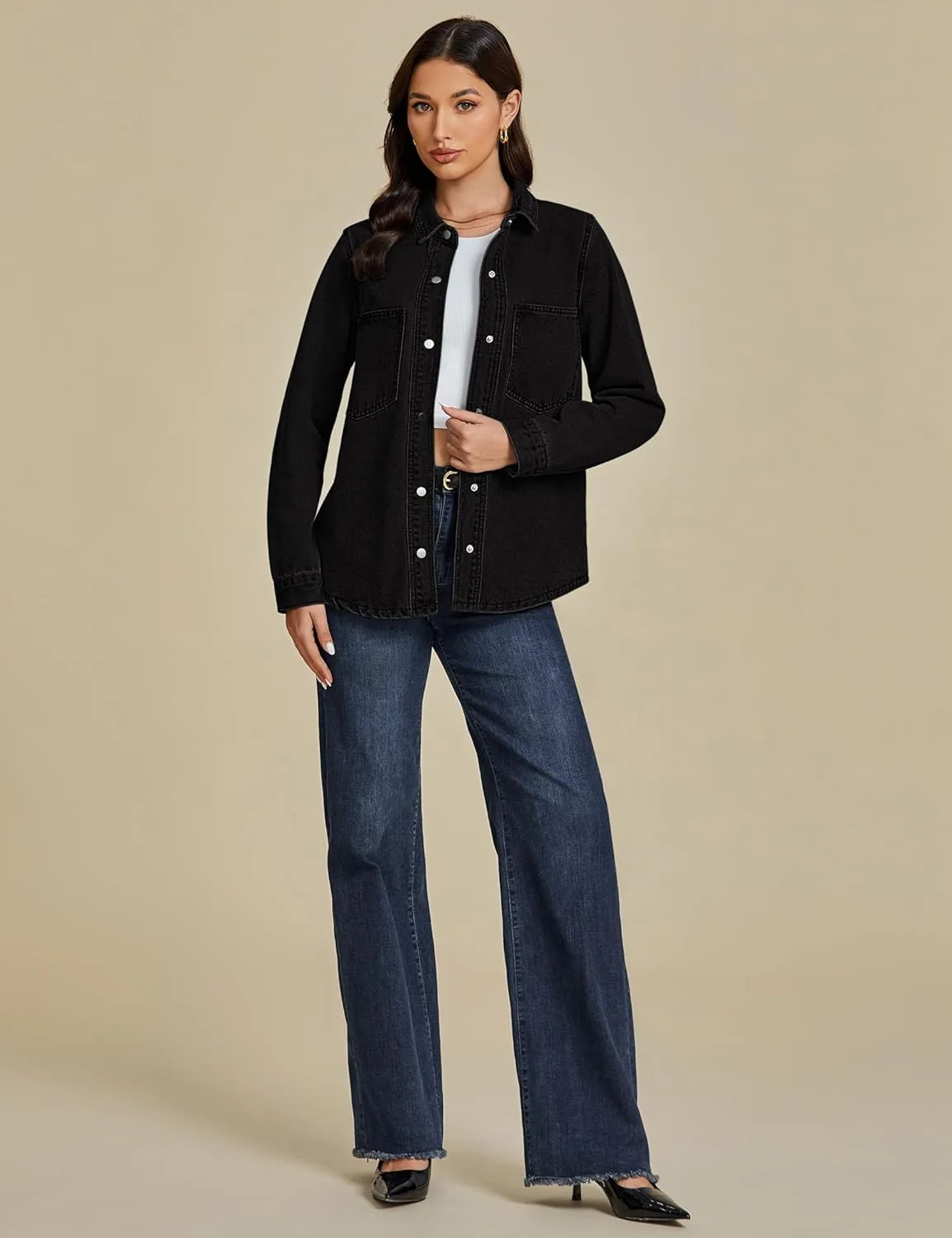 luvamia Denim Jackets for Women Trendy Long Sleeve Jean Jacket Casual Button Down Western Flat Pocket Shacket