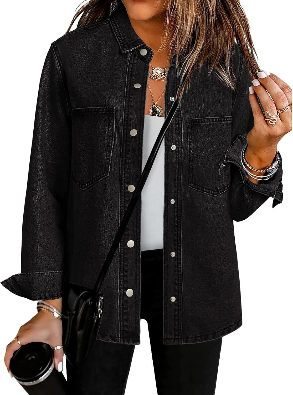 luvamia Denim Jackets for Women Trendy Long Sleeve Jean Jacket Casual Button Down Western Flat Pocket Shacket