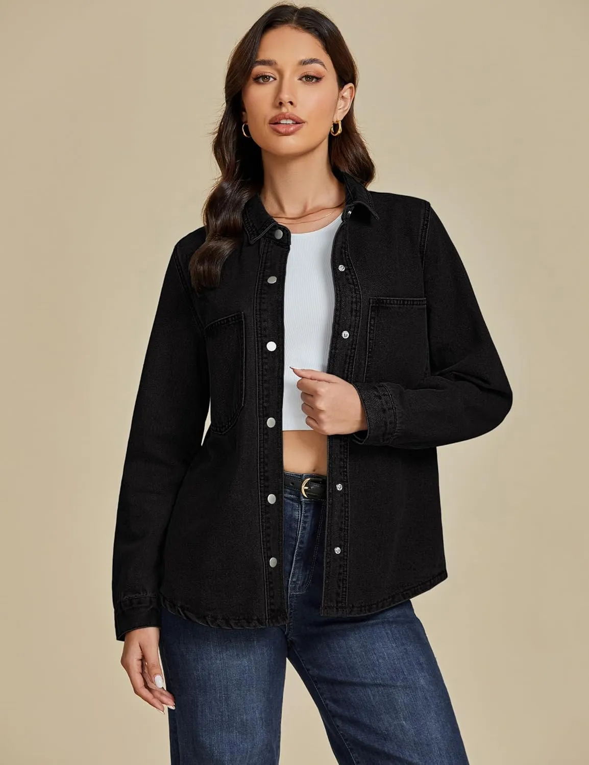 luvamia Denim Jackets for Women Trendy Long Sleeve Jean Jacket Casual Button Down Western Flat Pocket Shacket