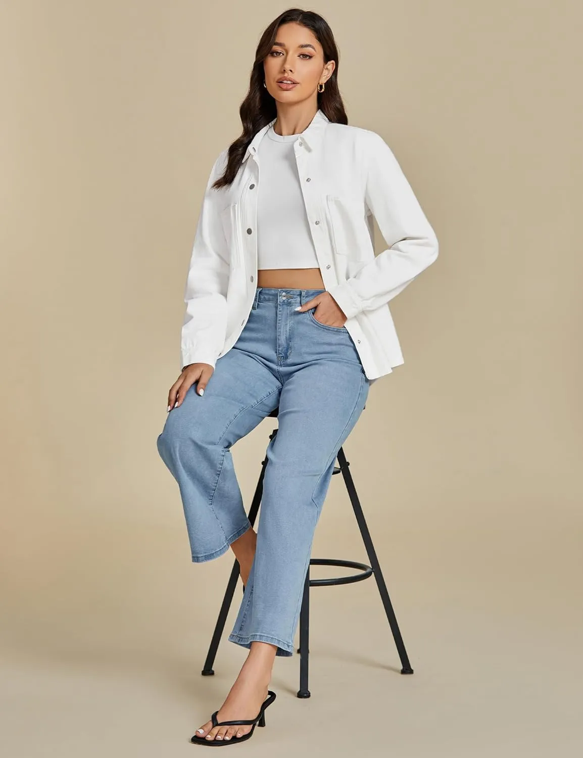 luvamia Denim Jackets for Women Trendy Long Sleeve Jean Jacket Casual Button Down Western Flat Pocket Shacket