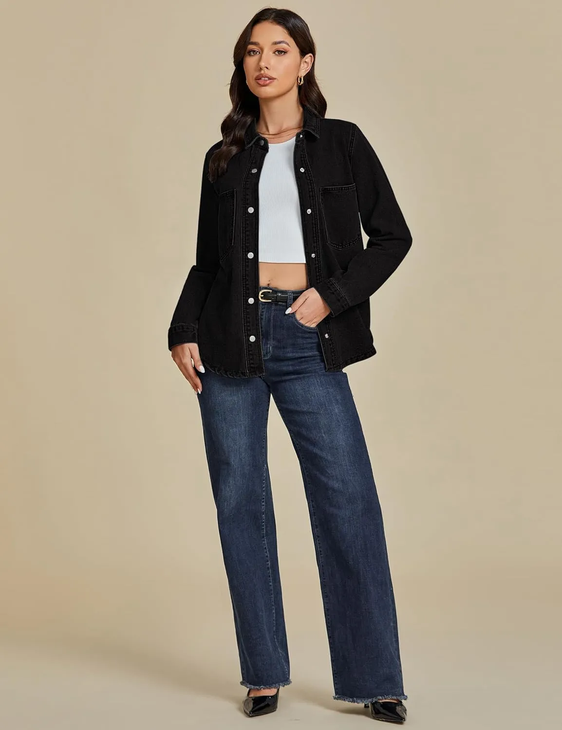 luvamia Denim Jackets for Women Trendy Long Sleeve Jean Jacket Casual Button Down Western Flat Pocket Shacket