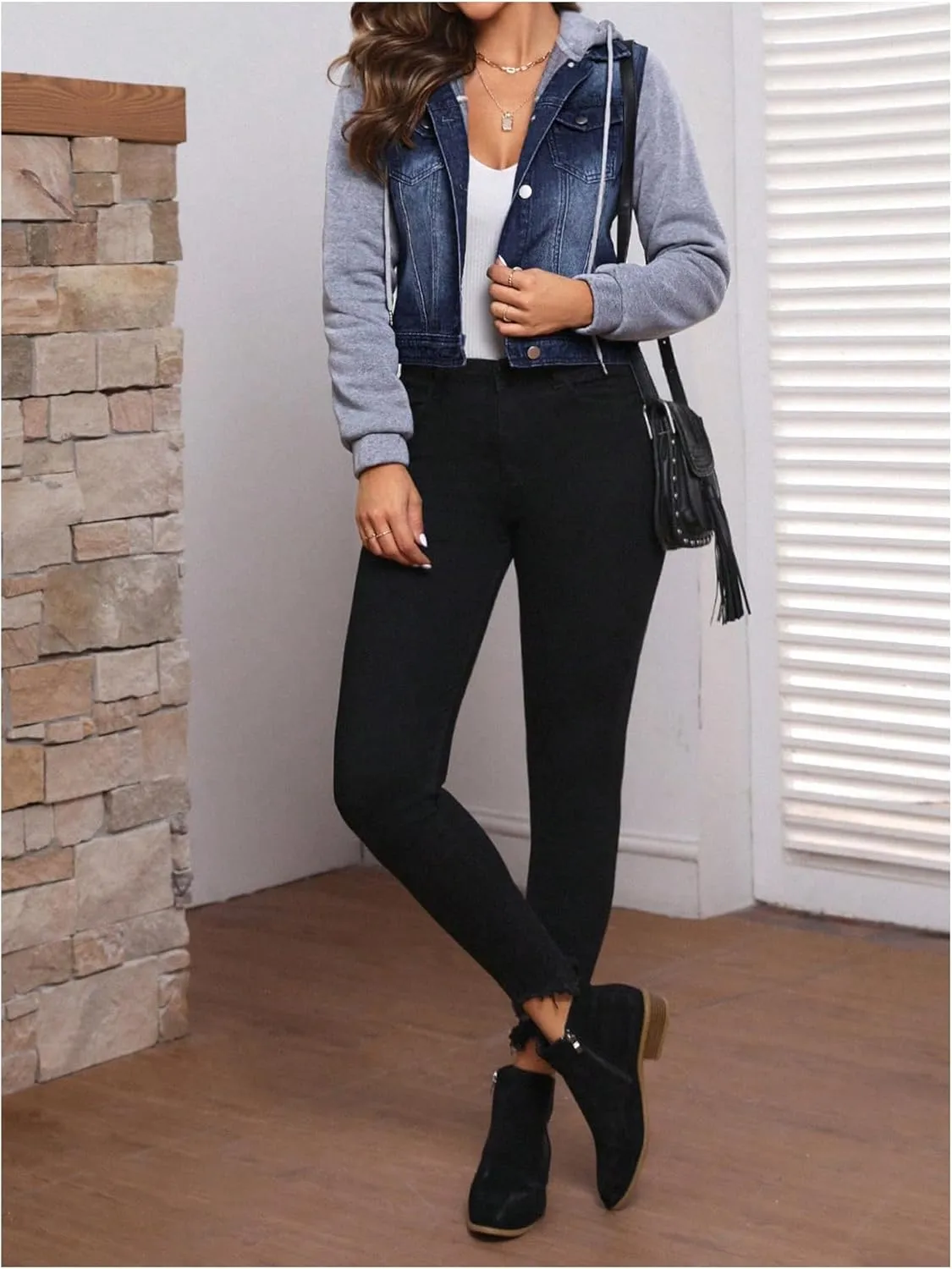 MakeMeChic Women's Color Block Denim Jackets Long Sleeve Hooded Neck Drawstring Cropped Coat