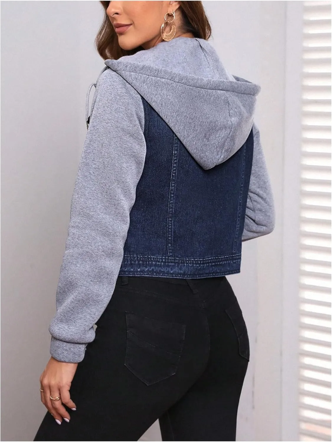 MakeMeChic Women's Color Block Denim Jackets Long Sleeve Hooded Neck Drawstring Cropped Coat
