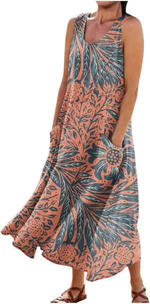 Maxi Dress for Women Cotton Linen Floral Print Casual Long Dress Flowy Sleeveless Round Neck Dresses with Pockets