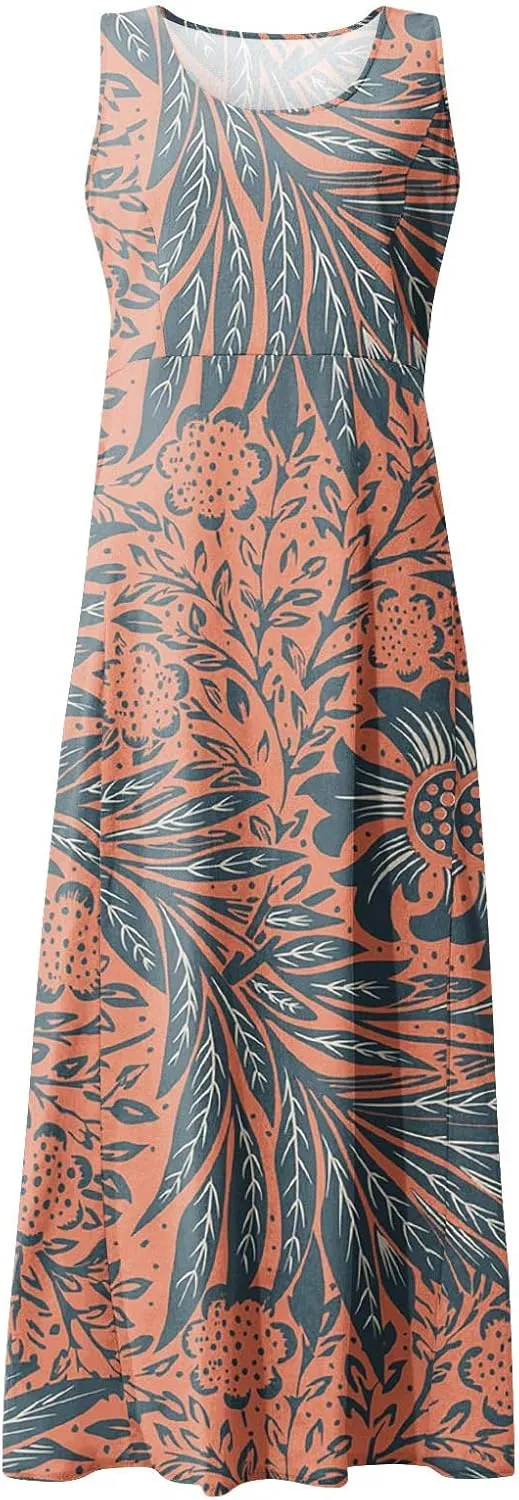 Maxi Dress for Women Cotton Linen Floral Print Casual Long Dress Flowy Sleeveless Round Neck Dresses with Pockets