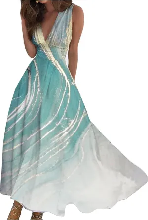 Maxi Dresses for Women 2024 Elegant Wrap V Neck Sleeveless Summer Dress Trendy Floral Print Flowy Beach Dress