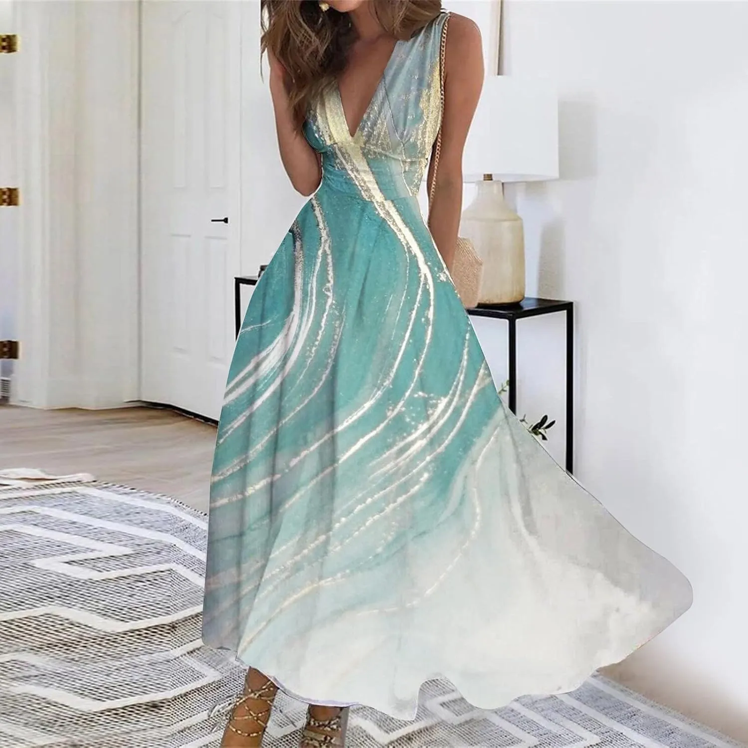 Maxi Dresses for Women 2024 Elegant Wrap V Neck Sleeveless Summer Dress Trendy Floral Print Flowy Beach Dress