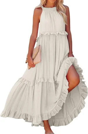 Maxi Dresses for Women 2025 Halter Neck Sleeveless Tiered Long Dress Flowy Comfy Smocked Ruffle Beach Sundresses