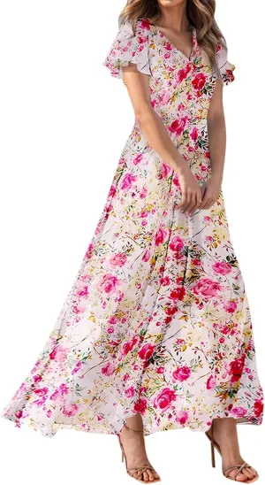 Maxi Dresses for Women 2025 Plus Size Chiffon Ruffle Flowy Swing Short Sleeve Floral Dress A Line Frocks