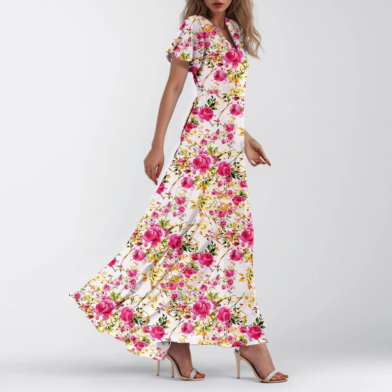 Maxi Dresses for Women 2025 Plus Size Chiffon Ruffle Flowy Swing Short Sleeve Floral Dress A Line Frocks