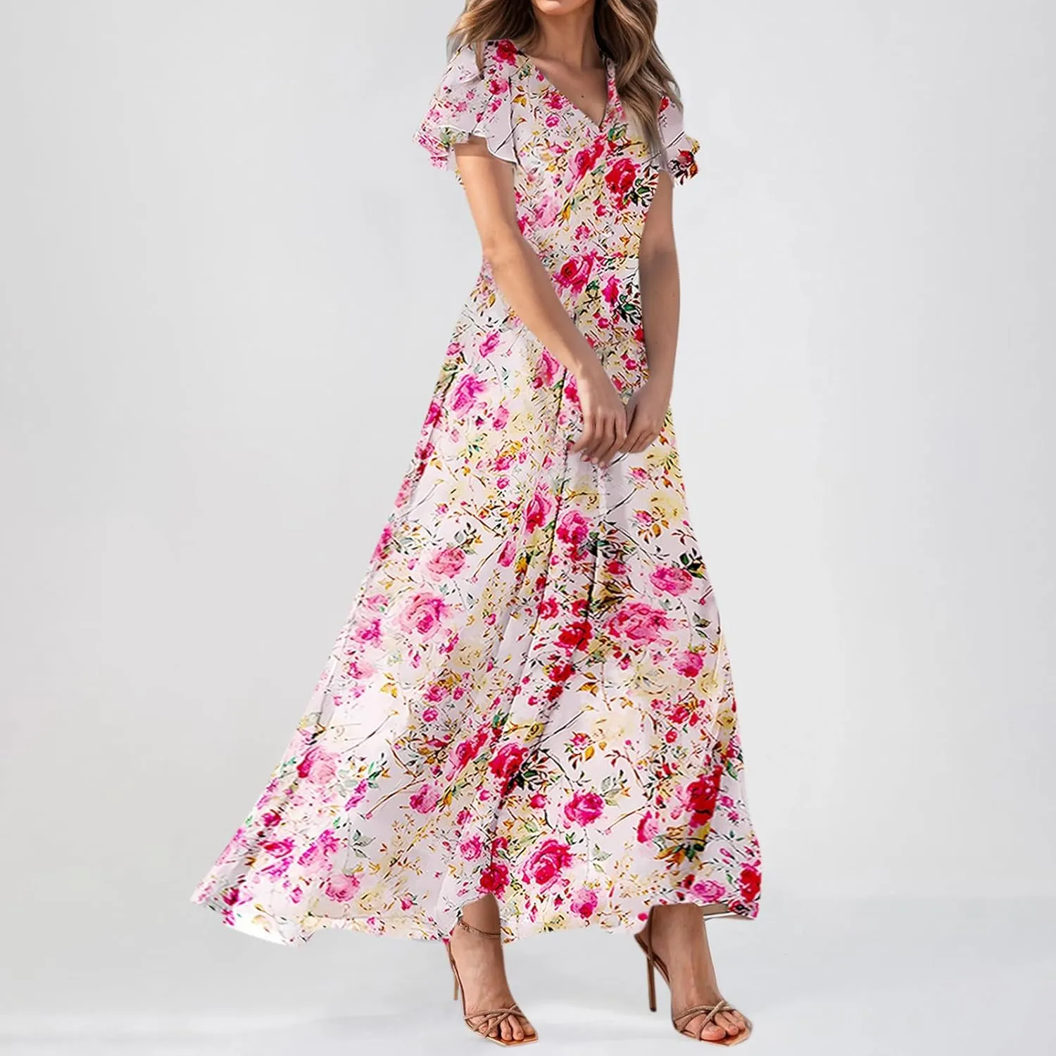 Maxi Dresses for Women 2025 Plus Size Chiffon Ruffle Flowy Swing Short Sleeve Floral Dress A Line Frocks