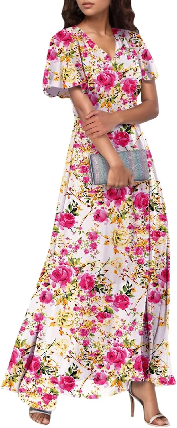 Maxi Dresses for Women 2025 Plus Size Chiffon Ruffle Flowy Swing Short Sleeve Floral Dress A Line Frocks