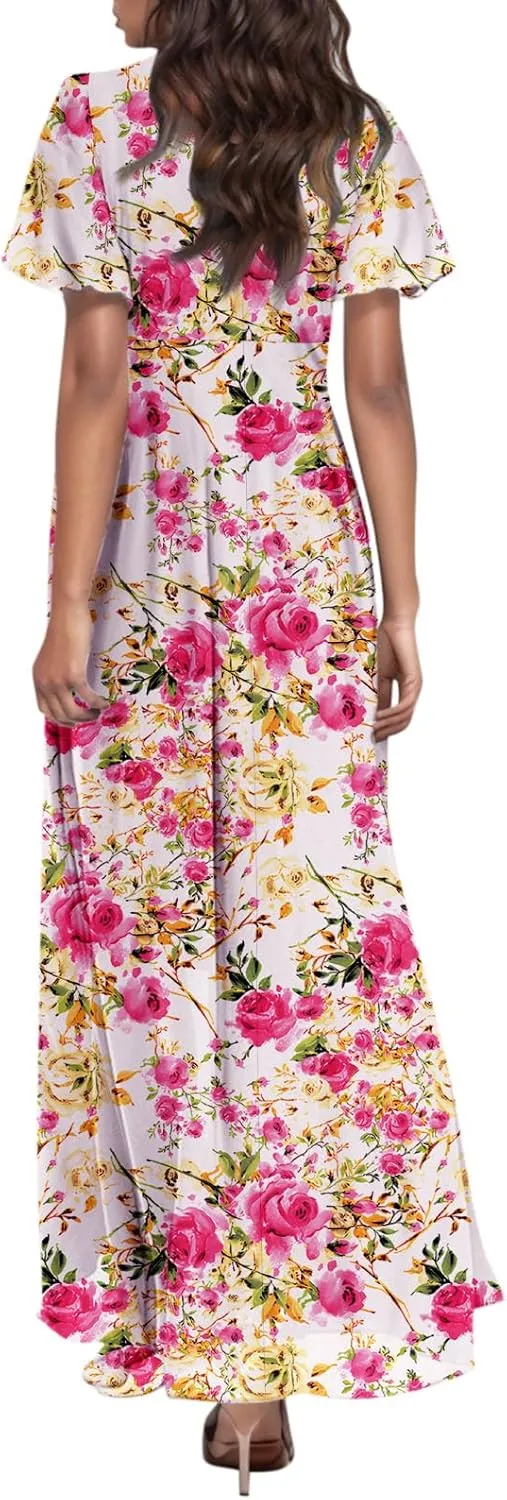 Maxi Dresses for Women 2025 Plus Size Chiffon Ruffle Flowy Swing Short Sleeve Floral Dress A Line Frocks