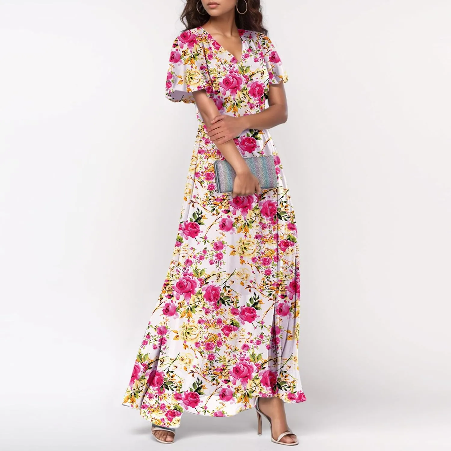 Maxi Dresses for Women 2025 Plus Size Chiffon Ruffle Flowy Swing Short Sleeve Floral Dress A Line Frocks