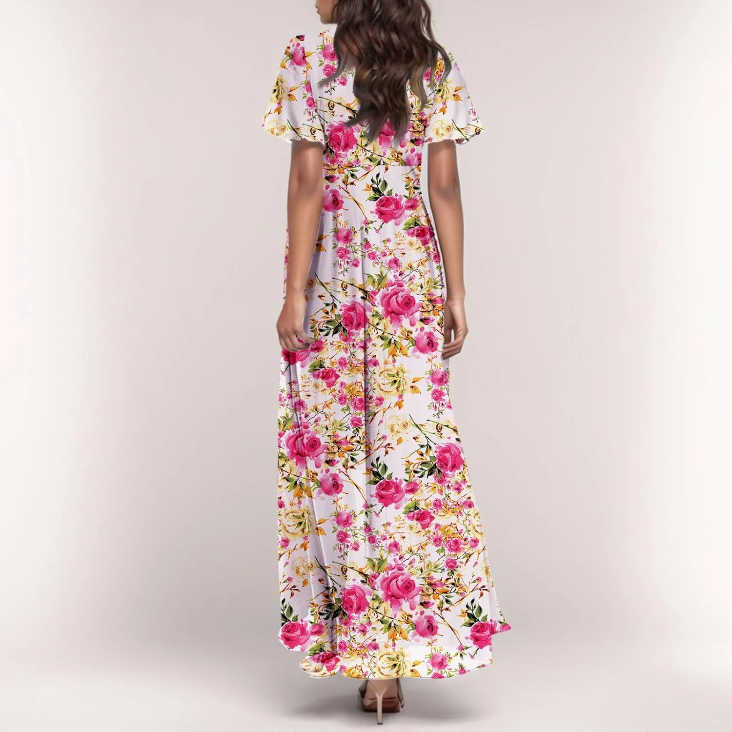 Maxi Dresses for Women 2025 Plus Size Chiffon Ruffle Flowy Swing Short Sleeve Floral Dress A Line Frocks