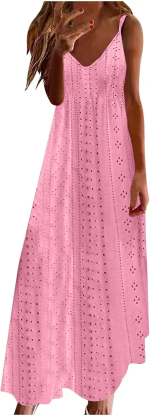 Maxi Dresses for Women 2025 Spaghetti Strap V Neck Boho Beach Flowy Sundress Summer Sleeveless Long Eyelet Dress