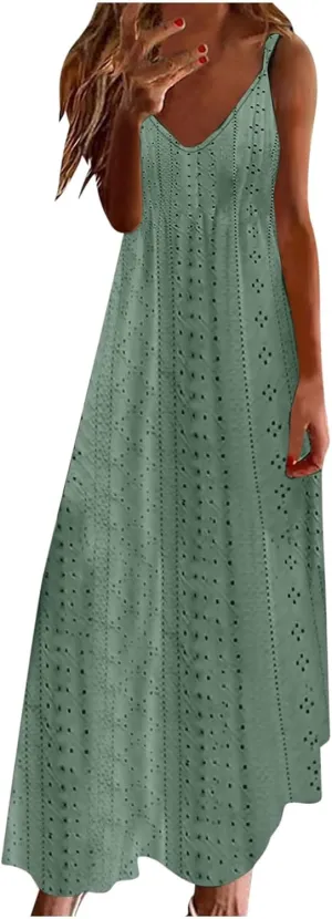 Maxi Dresses for Women 2025 Spaghetti Strap V Neck Boho Beach Flowy Sundress Summer Sleeveless Long Eyelet Dress