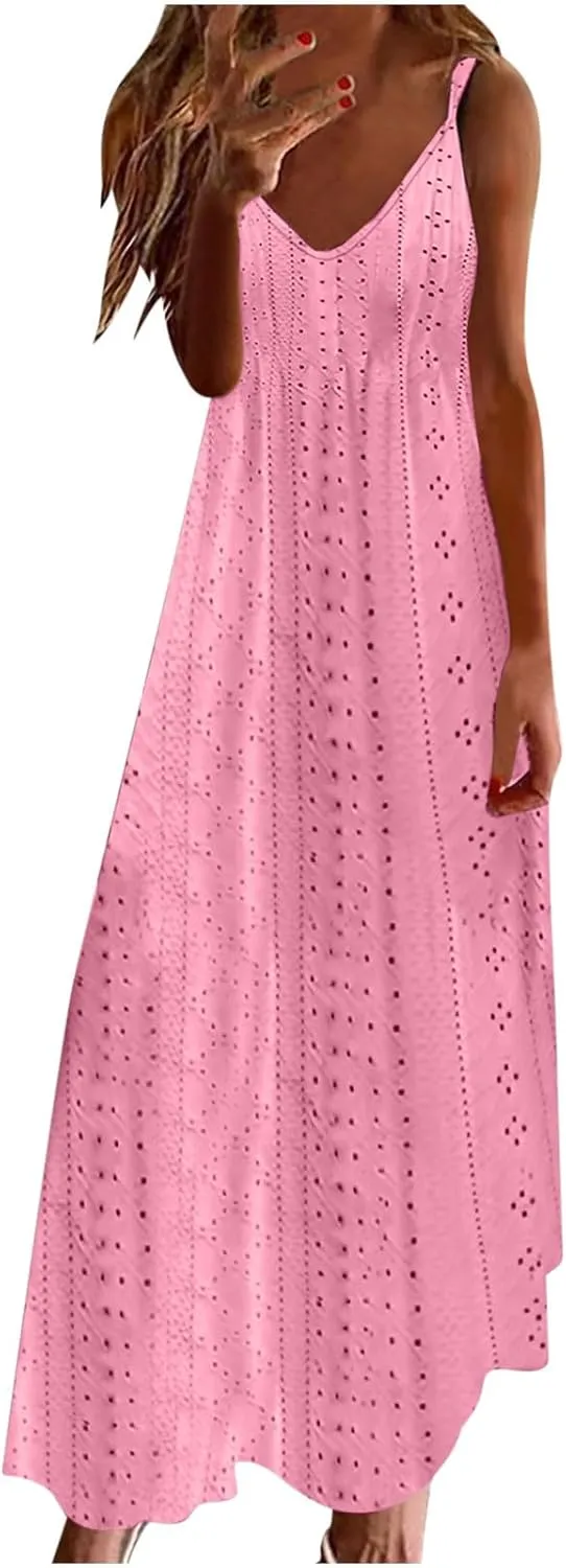 Maxi Dresses for Women 2025 Spaghetti Strap V Neck Boho Beach Flowy Sundress Summer Sleeveless Long Eyelet Dress