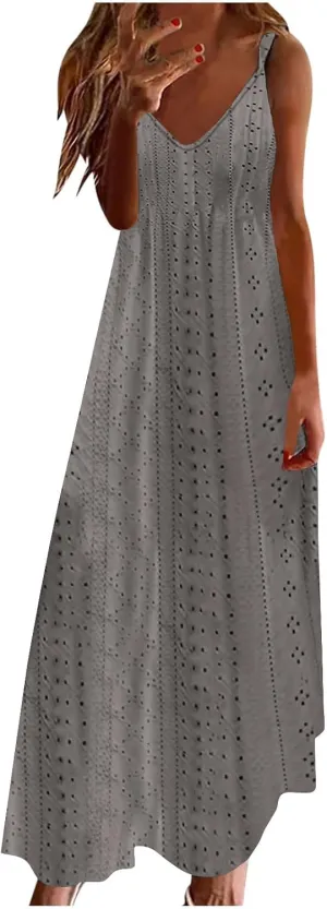Maxi Dresses for Women 2025 Spaghetti Strap V Neck Boho Beach Flowy Sundress Summer Sleeveless Long Eyelet Dress