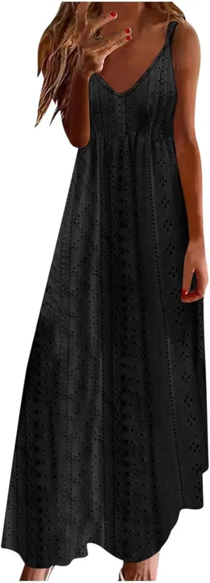 Maxi Dresses for Women 2025 Spaghetti Strap V Neck Boho Beach Flowy Sundress Summer Sleeveless Long Eyelet Dress