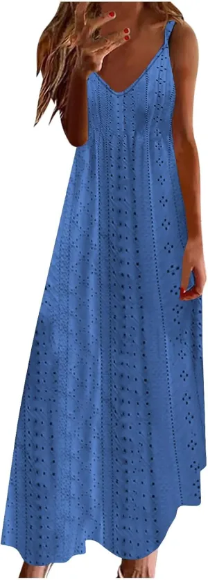 Maxi Dresses for Women 2025 Spaghetti Strap V Neck Boho Beach Flowy Sundress Summer Sleeveless Long Eyelet Dress