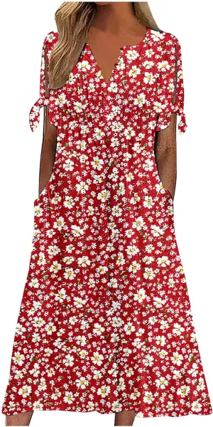 Maxi Dresses for Women 2025 Trendy Short Sleeve Eyelet Dress v Neck Floral Printed Dresses Summer Beach Dress