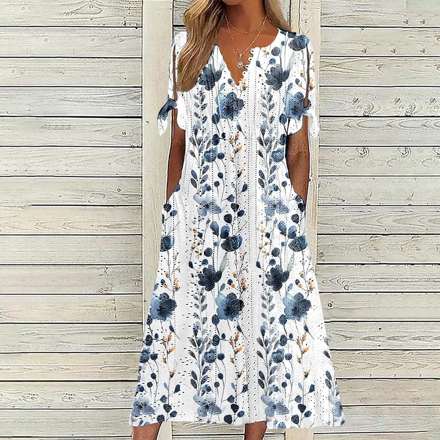 Maxi Dresses for Women 2025 Trendy Short Sleeve Eyelet Dress v Neck Floral Printed Dresses Summer Beach Dress