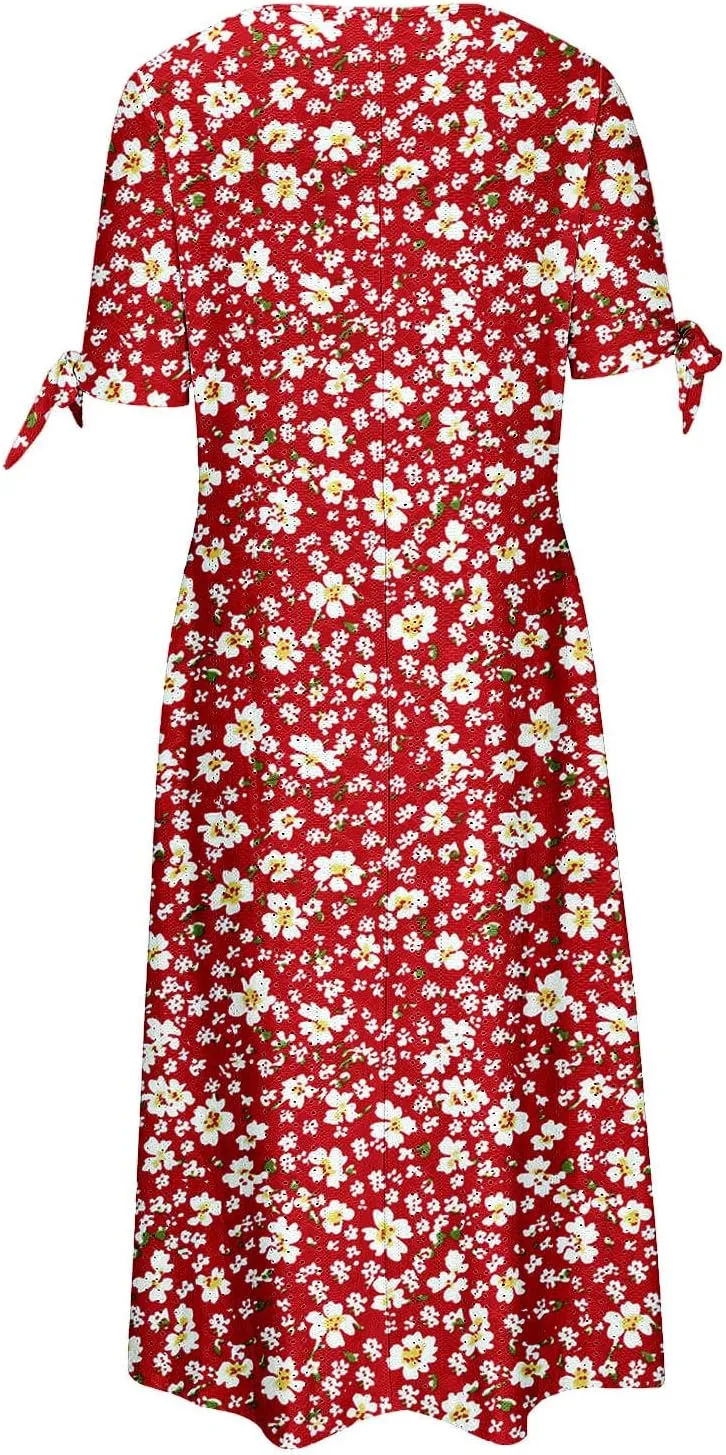 Maxi Dresses for Women 2025 Trendy Short Sleeve Eyelet Dress v Neck Floral Printed Dresses Summer Beach Dress