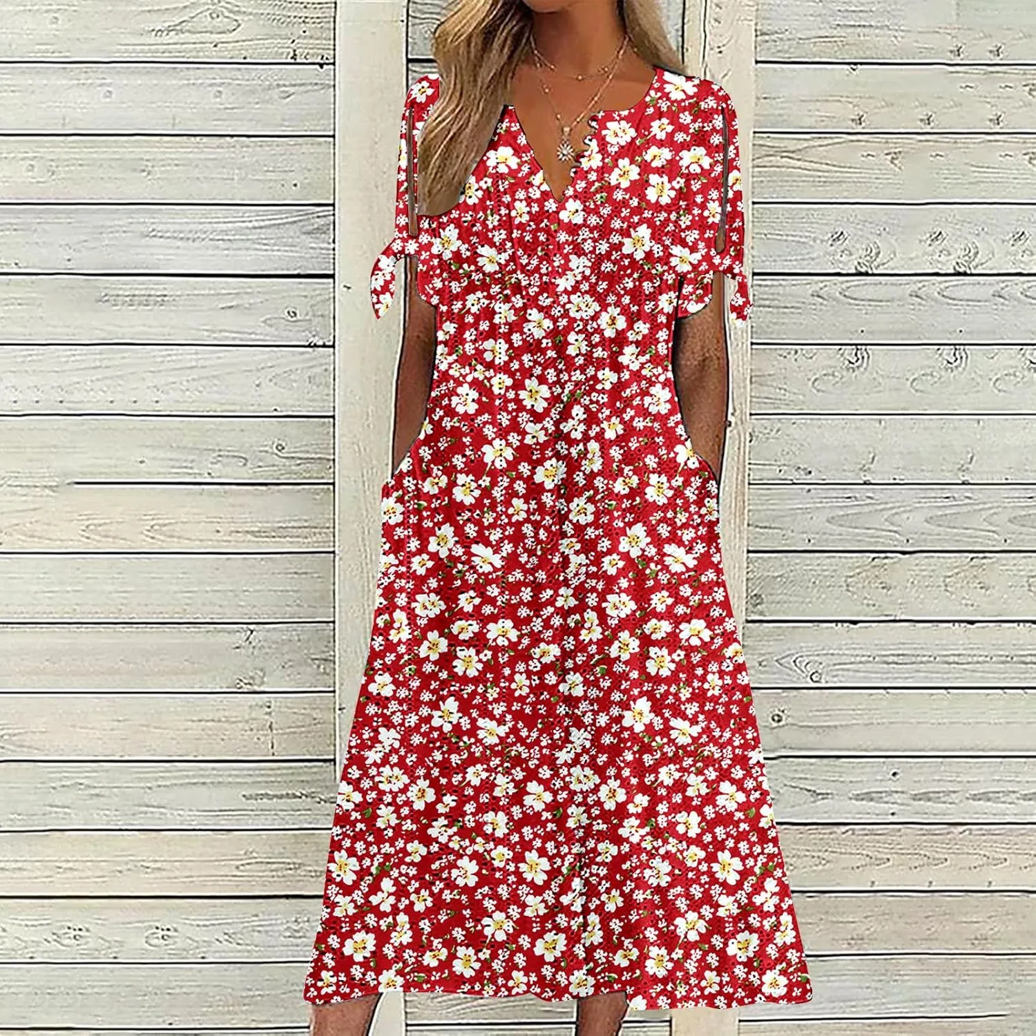Maxi Dresses for Women 2025 Trendy Short Sleeve Eyelet Dress v Neck Floral Printed Dresses Summer Beach Dress