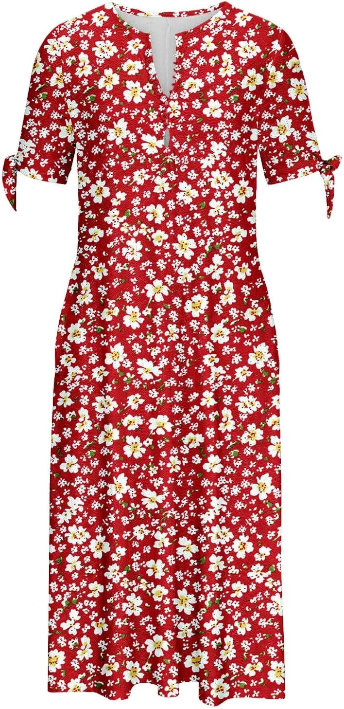Maxi Dresses for Women 2025 Trendy Short Sleeve Eyelet Dress v Neck Floral Printed Dresses Summer Beach Dress