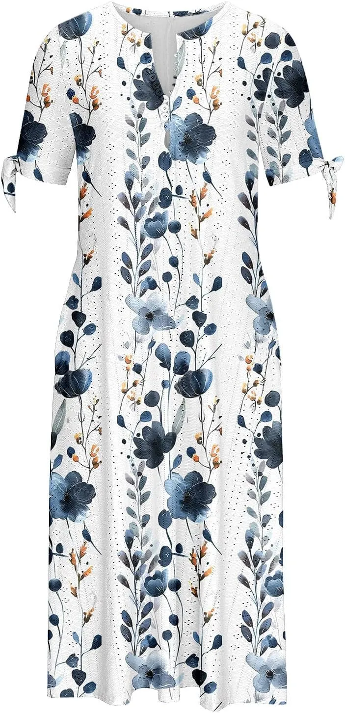 Maxi Dresses for Women 2025 Trendy Short Sleeve Eyelet Dress v Neck Floral Printed Dresses Summer Beach Dress