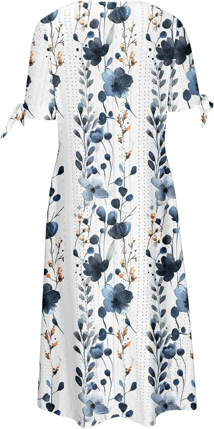 Maxi Dresses for Women 2025 Trendy Short Sleeve Eyelet Dress v Neck Floral Printed Dresses Summer Beach Dress