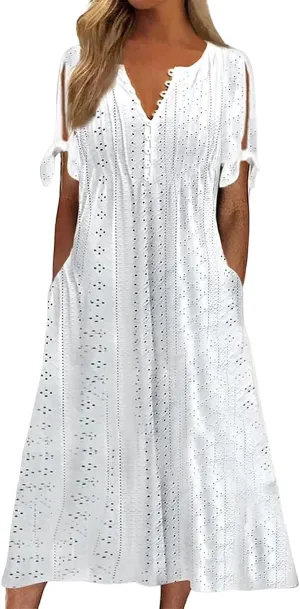 Maxi Long Dresses for Women 2025 Summer Casual V Neck Short Sleeve Eyelet Tshirt Dress Boho Aline Sundresses for Vacation