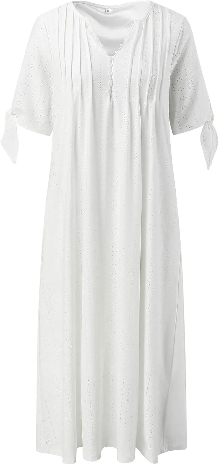 Maxi Long Dresses for Women 2025 Summer Casual V Neck Short Sleeve Eyelet Tshirt Dress Boho Aline Sundresses for Vacation