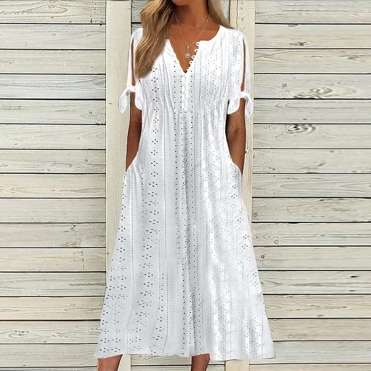 Maxi Long Dresses for Women 2025 Summer Casual V Neck Short Sleeve Eyelet Tshirt Dress Boho Aline Sundresses for Vacation