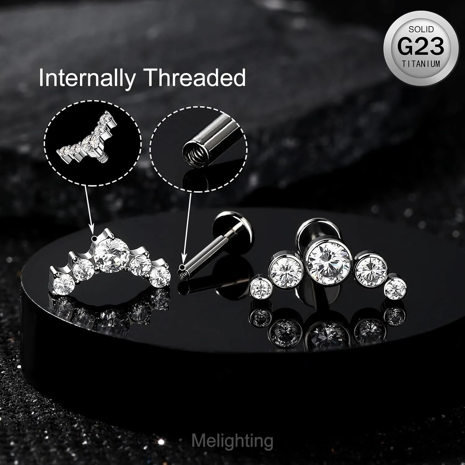 Melighting Titanium Conch Piercing Jewelry Internally Threaded 16G Cured Cartilage Earring Clear CZ Titanium G23 Helix Piercing Jewelry 8mm Labret Jewelry for Wome