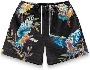 Men's Breathable Athletic Shorts Elastic Waist Quick Dry Gym Workout Shorts Flower Print Fitness Beach Shorts
